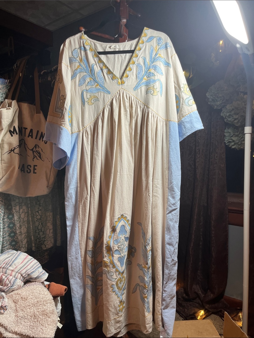 Blue Velvet Banger!! Embroidered V-Neck Maxi Dress in Cream and Light Blue
